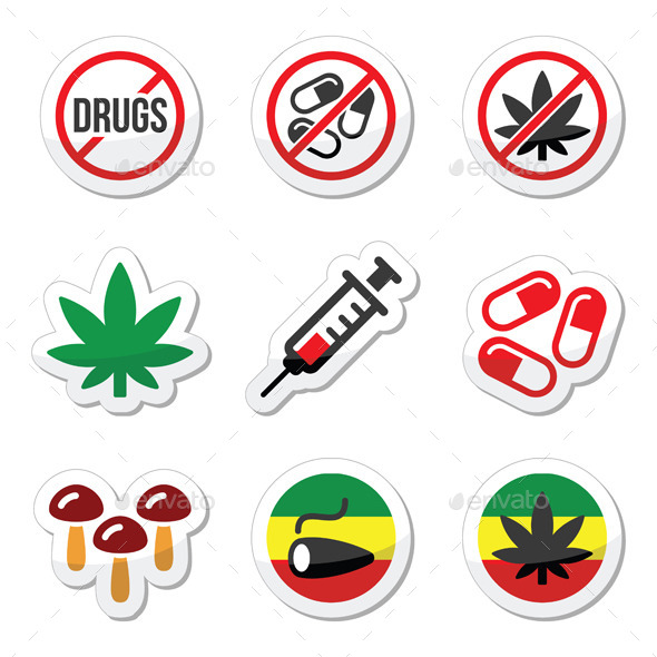Drugs, addiction, marijuana, syringe colorful labe - Health/Medicine Conceptual