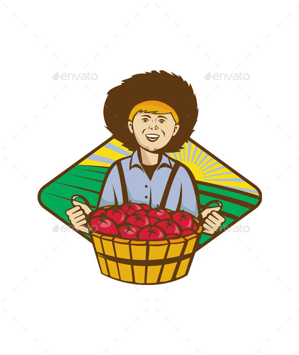 Farmer Boy Straw Hat Tomato Harvest - People Characters