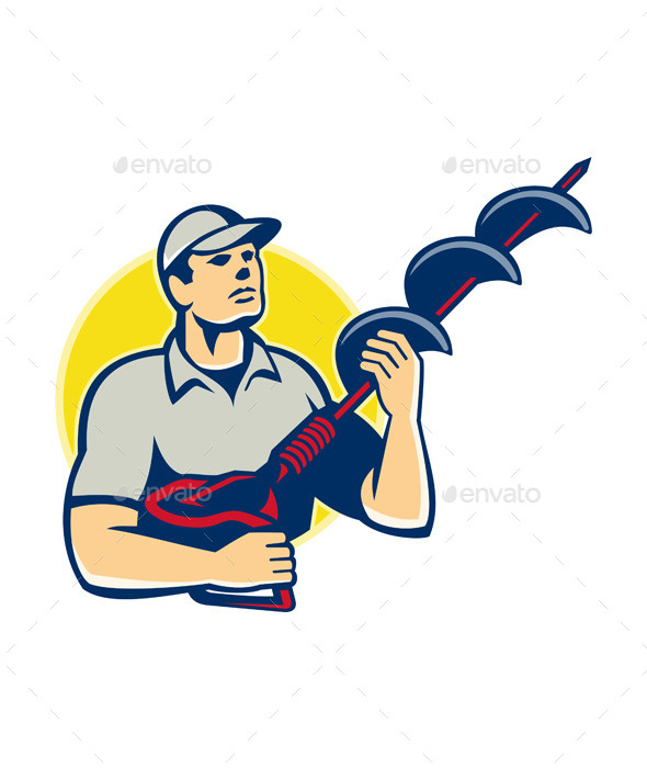 Builder Worker with Hole Driller Auger - People Characters