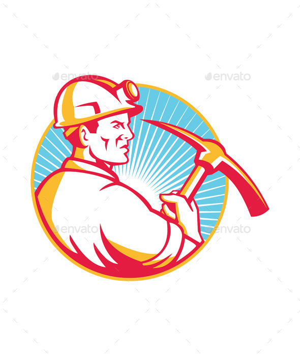 Coal Miner with Pick Axe Looking Up Retro - People Characters