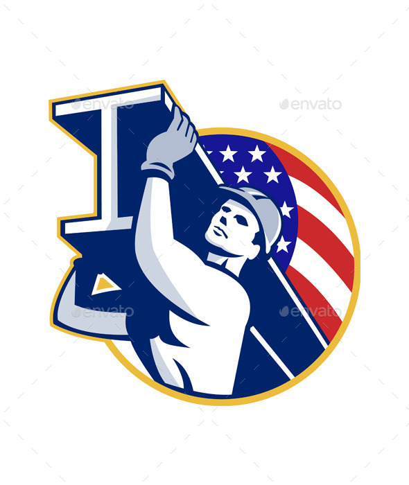 Construction Steel Worker I-Beam American Flag - People Characters