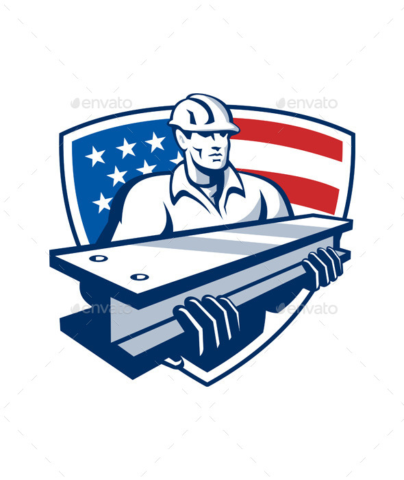 Construction Steel Worker I-Beam American Flag - People Characters