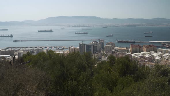 Bay of Gibraltar harbor with cargo ships and residential city area. alt