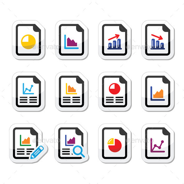 Document with Pie Chart and Graphs Label Set - Business Conceptual