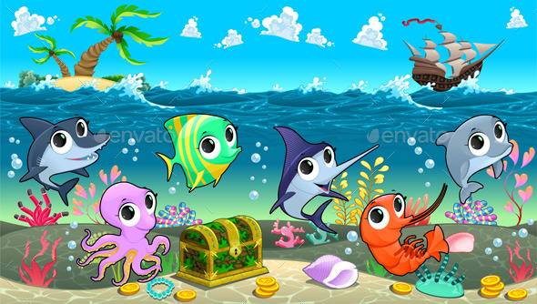 Marine Animals in the Sea with Galleon - Animals Characters