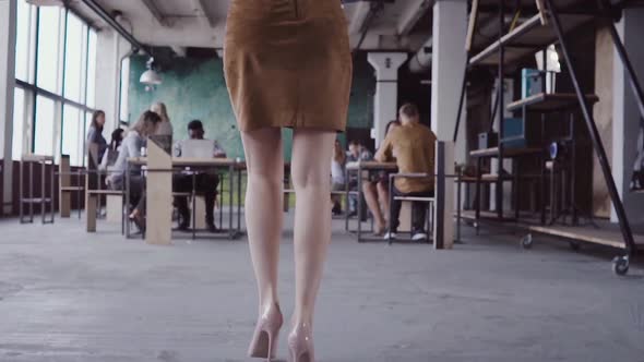 Female Blonde Team Leader Walking Through Office and Controls Work of Employee. Female Looks the alt