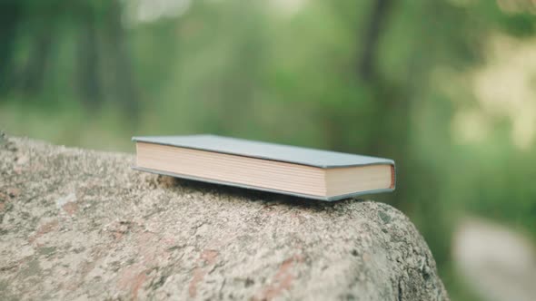 Closed Book On A Rock With Blurred Green Nature In The Background. - close up alt