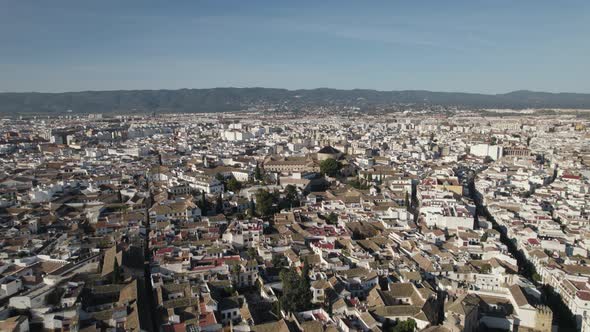 Aerial circling view over Cordoba city in Spain