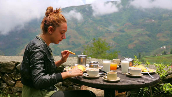Tourist Woman Eating Breakfast Himalayan Mountain