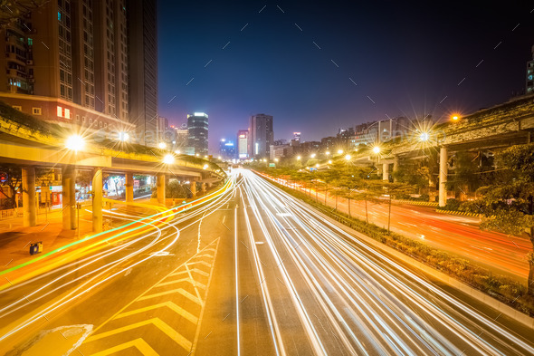 light trails on city road at night Stock Photo by chuyu2014 | PhotoDune