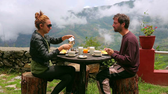 Tourist Couple Eating Breakfast Himalayan Mountain