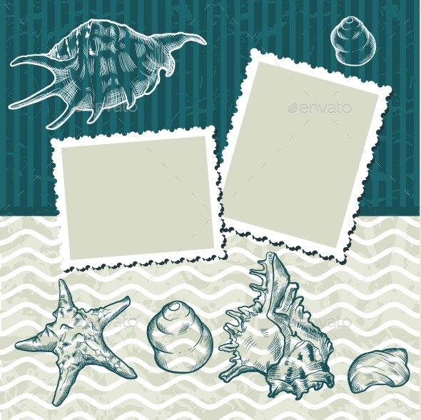 Background with Old Postcards and Seashells. - Travel Conceptual