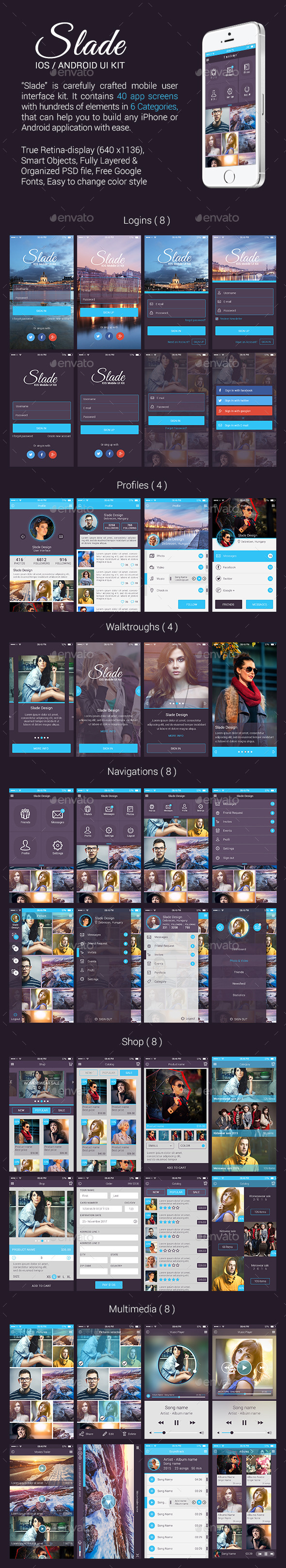Slade iOS / Android UI Kit - User Interfaces Web Elements