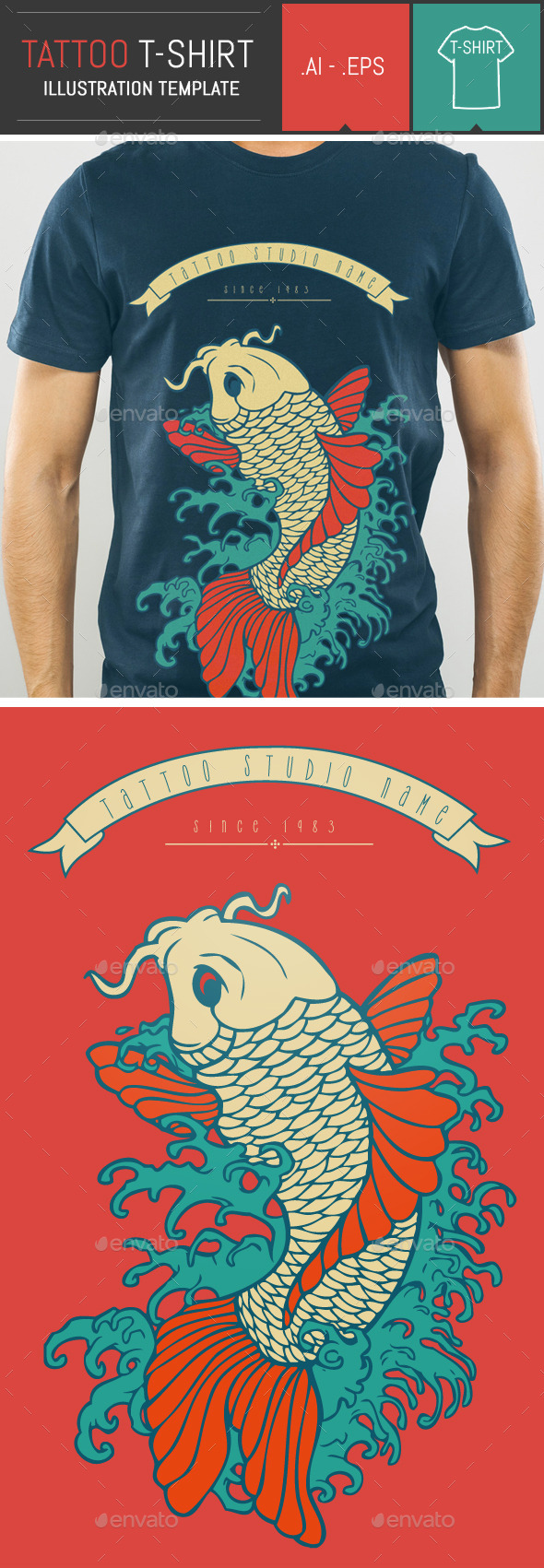 Carp Tattoo Vector Illustration T-Shirt Template - Designs T-Shirts