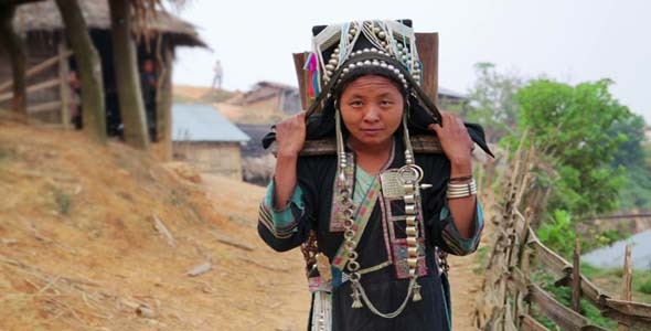 Tribal Native Woman Carry Water In Bamboo Stick 2