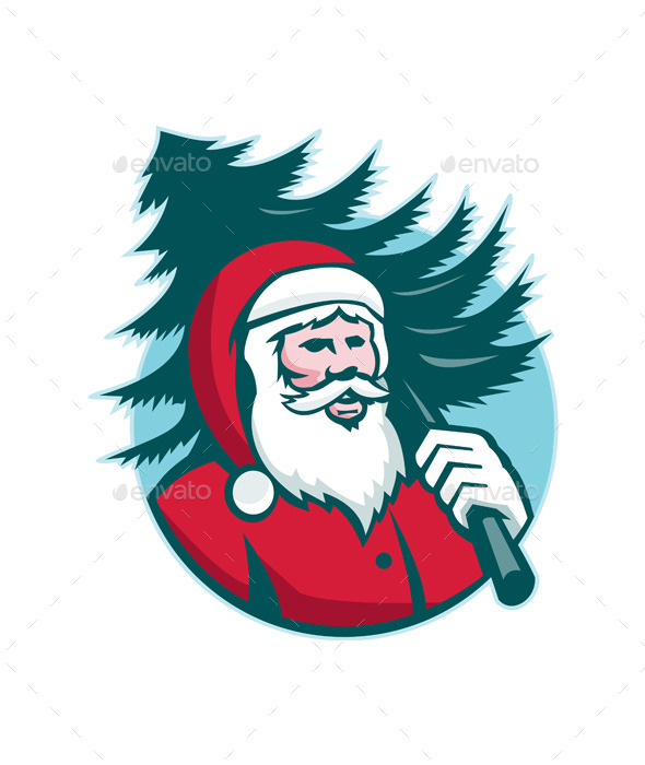Santa Claus Carrying Christmas Tree Retro - Christmas Seasons/Holidays