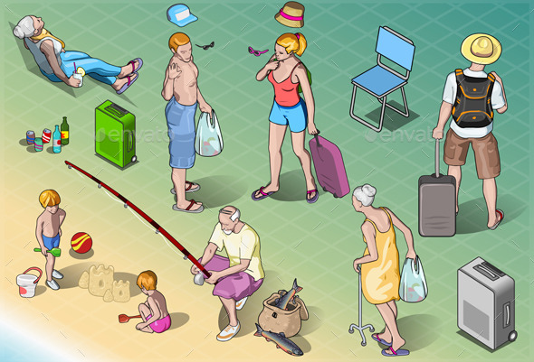 Isometric Tourists Peoples Set in Vacation - People Characters