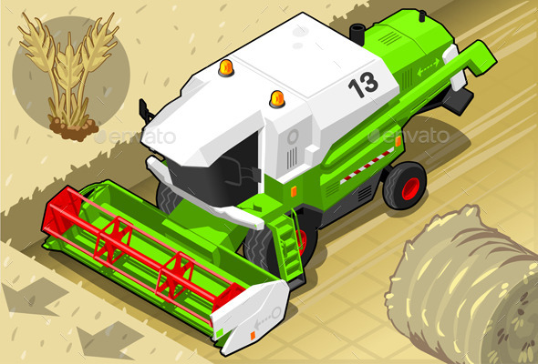 Isometric Green Thresher at Work in Front View - Conceptual Vectors