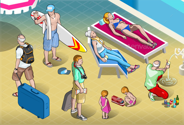 Isometric Tourists Peoples Set at Resort - People Characters