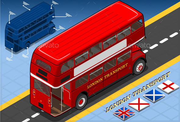 Isometric Double Decker Bus in Rear View - Objects Vectors