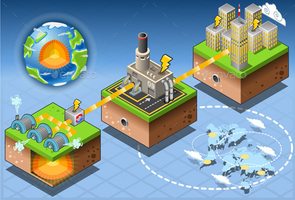 Isometric Infographic Geothermal Energy Harvesting - Buildings Objects