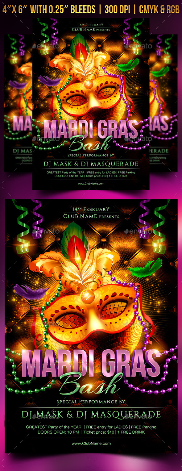 Mardi Gras Bash Flyer Template - Clubs & Parties Events