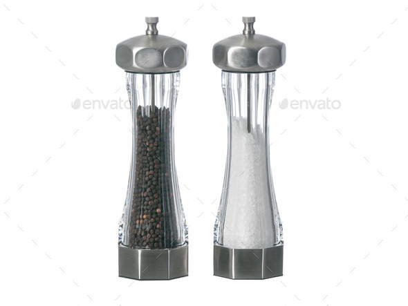 salt and pepper grinders standing side by side
