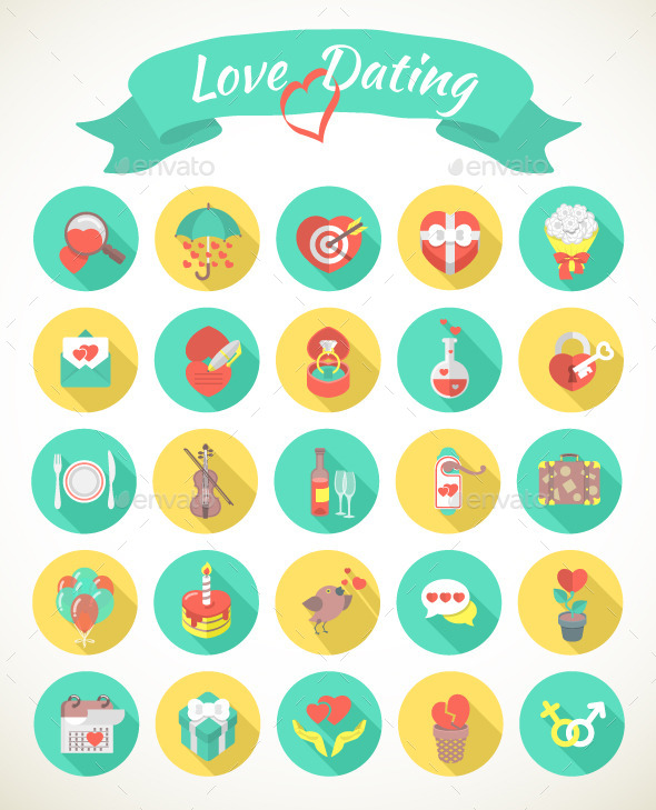 Round Love and Dating Flat Icons with Long Shadows - Abstract Icons