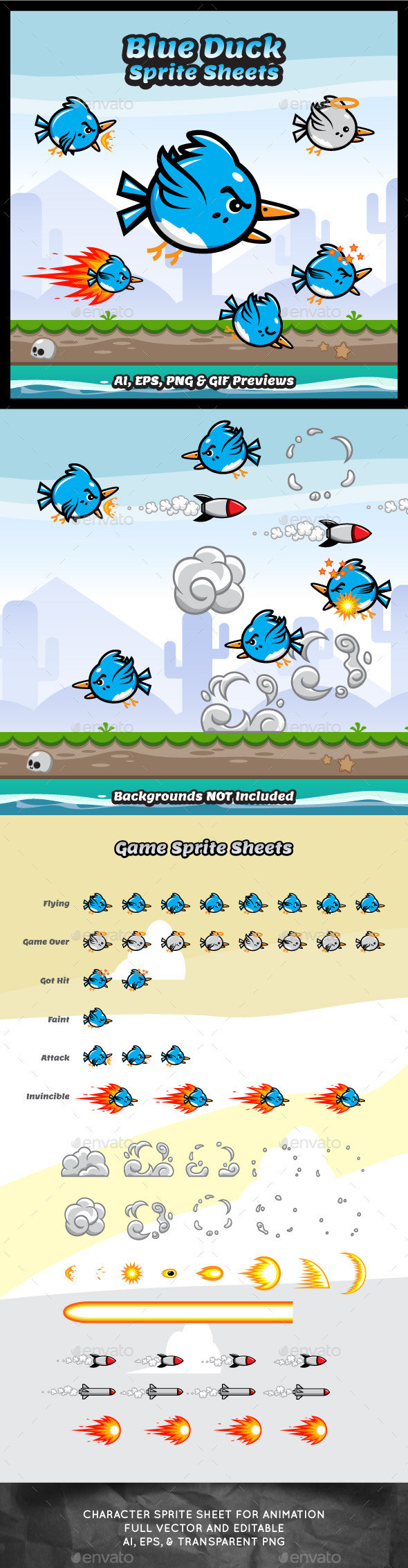Flappy Blue Duck Sprite Sheets - Sprites Game Assets