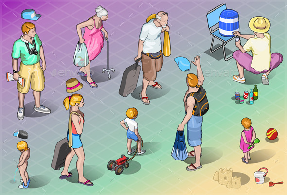 Isometric Tourists Peoples Set in Vacation - People Characters