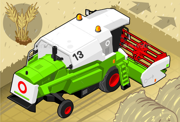 Isometric Green Thresher at Work in Rear View - Man-made Objects Objects