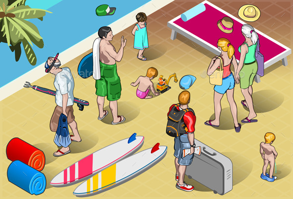 Isometric Tourists Peoples Set at Resort - People Characters