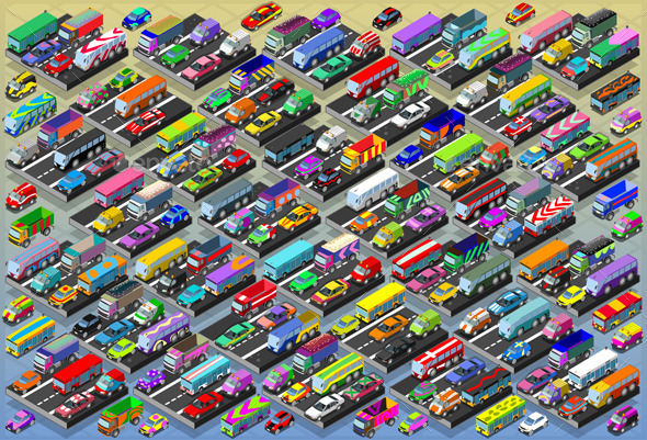 Isometric Cars, Buses, Trucks and Vans Collection - Objects Vectors