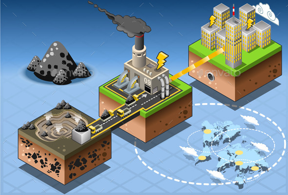 Isometric Infographic Carbon Energy Harvesting - Buildings Objects