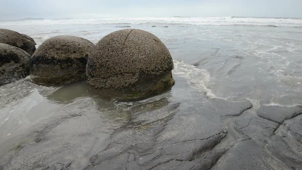 Impressive Moeraki Boulders in the Pacific Ocean Waves