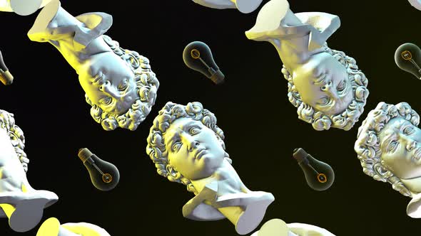 Eccentric Animation with Multiple 3D background of Greek bust with idea lamps alt