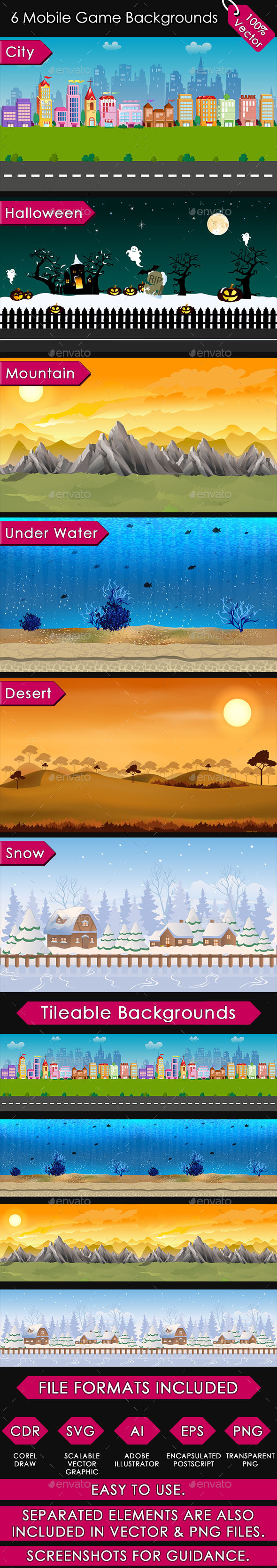 6 Mobile Game Backgrounds - User Interfaces Game Assets