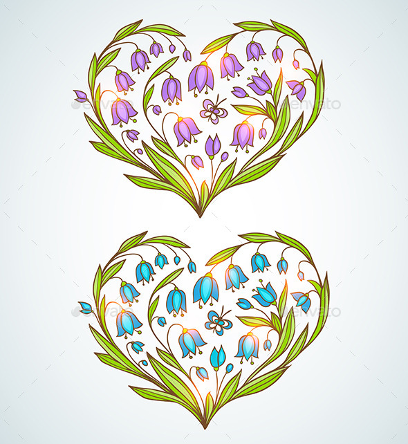 Blue and Violet Floral Hearts - Valentines Seasons/Holidays