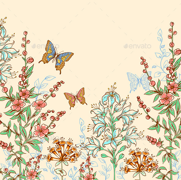 Floral Background with Butterflies - Flowers & Plants Nature