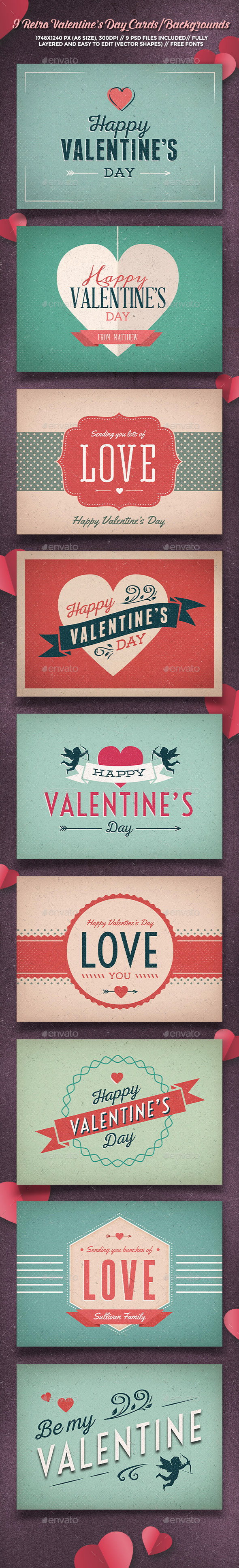 9 Retro Valentine’s Day Cards/Backgrounds - Backgrounds Graphics
