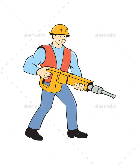 Construction Worker Holding Jackhammer Cartoon - People Characters