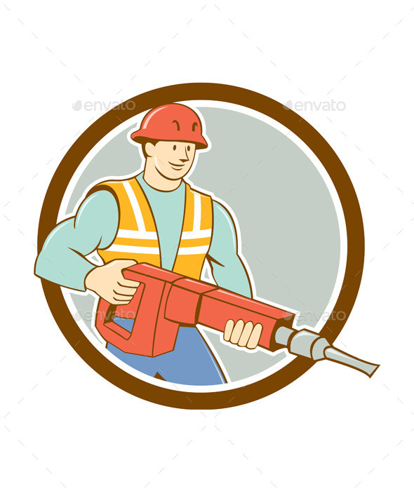 Construction Worker Jackhammer Circle Cartoon - People Characters