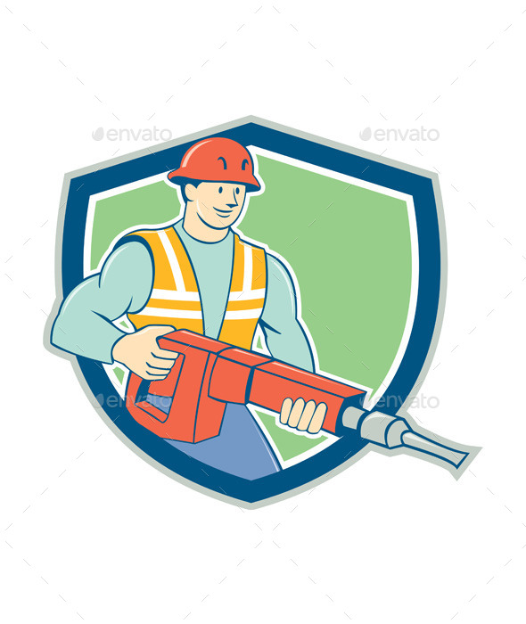 Construction Worker Jackhammer Shield Cartoon - People Characters