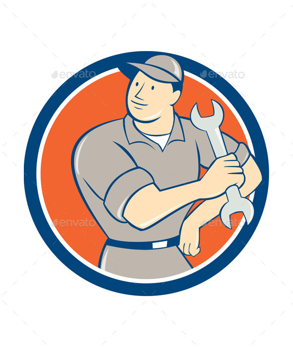 Mechanic Holding Spanner Wrench Circle Cartoon - People Characters