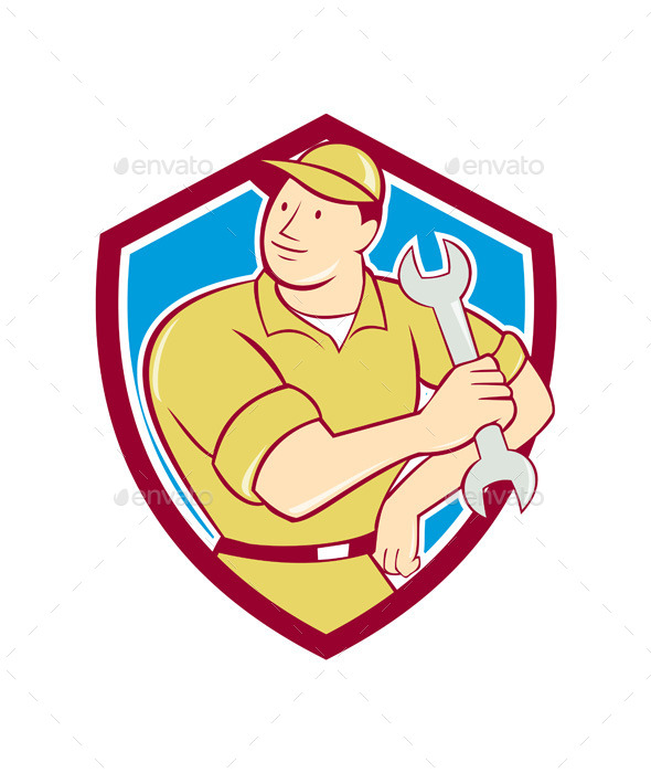 Mechanic Holding Spanner Wrench Shield Cartoon - People Characters