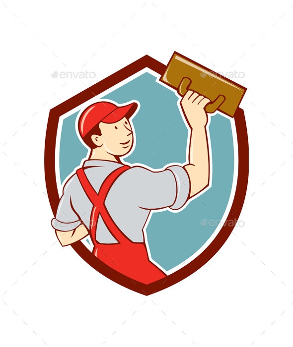 Plasterer Masonry Trowel Shield Cartoon - People Characters