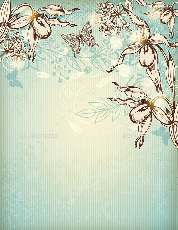 Hand Drawn Floral Background with Orchids - Flowers & Plants Nature
