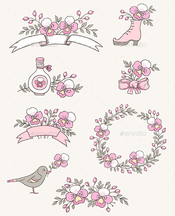 Doodle Design Elements with Orchids - Flowers & Plants Nature