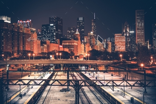 Chicago Skyline and Railroad - Stock Photo - Images