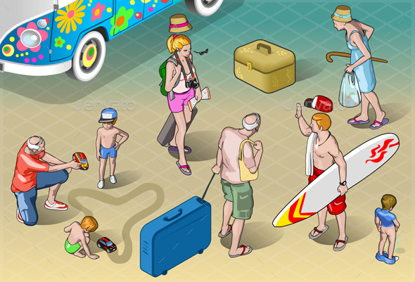 Isometric Tourists Peoples Set in Vacation - People Characters